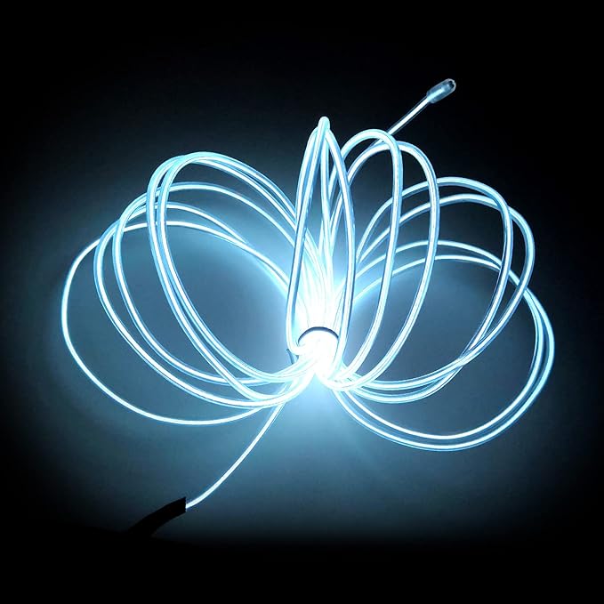 MaxLax EL Wire White, 16.4ft/5m Portable Battery Pack Neon Light Strip 360° Cuttable Glowing Rope Lights for Parties, Halloween, DIY Decoration