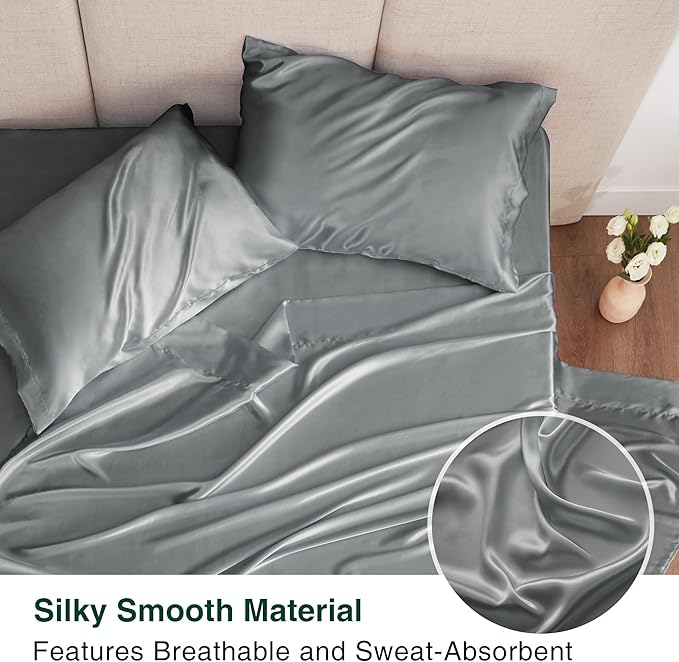 Love's cabin Twin Satin Sheet Sets - 3 Piece Dark Grey Silky Bed Sheets with Deep Pockets, Luxury Silk Feel Satin Twin Size Sheet Set Bedding Set (1 Flat Sheet,1 Fitted Sheet,1 Pillow case)