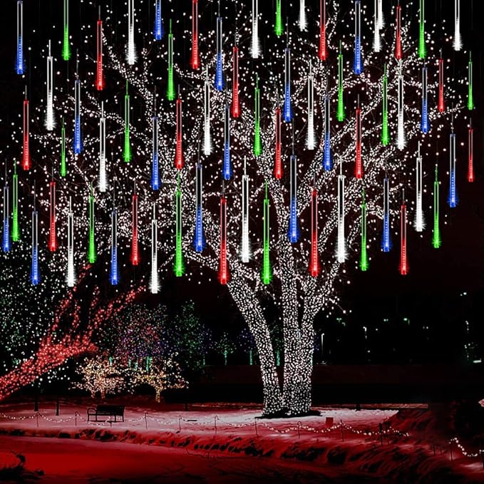 Kwaiffeo Multicolor Icicle Lights Outdoor, Waterproof 16-Tube Meteor Shower Lights for Christmas New Year Party Outside Decor, Equivalent to 2 Sets of 8-Tubes