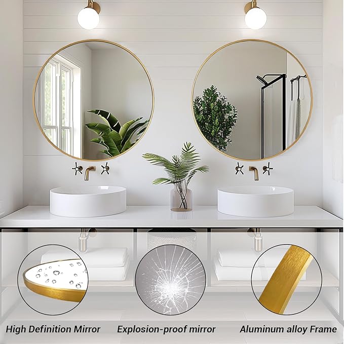 Gold Round Mirror, Circle Mirror 26 inch, Gold Circle Mirrors Metal Frame, Round Mirrors for Wall, Living Room, Bathroom, Entryway, Rustic.