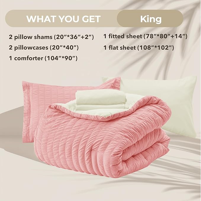 HYMOKEGE Pink/Ivory King Size Comforter Set Seersucker 7 Pieces, All Season Luxury Bed in a Bag for Bedroom, Bedding Set with Comforter, Sheets, Pillowcases & Shams