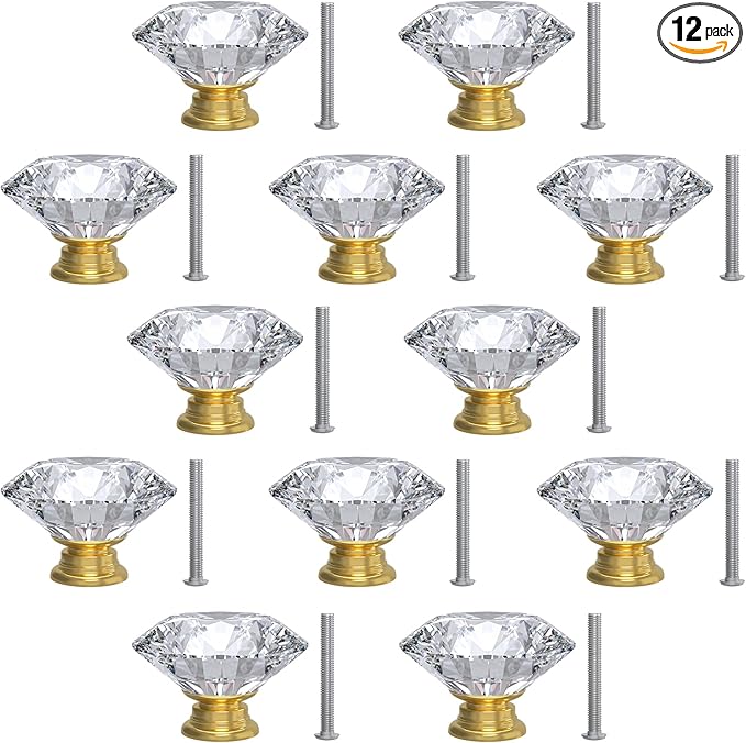 12-Pack Crystal Glass Cabinet Knobs for Home Decor, Vanity Drawers, Desks, Wardrobe Doors, Standard Screws Easy Installation for Home Refurbishment and Redecoration (Clear Crystal, 30mm, Gold Base)