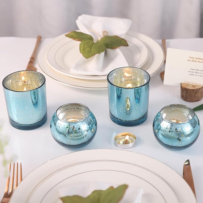 20 Pcs Assorted Lake Blue Votive Candle Holders, Larger Size Mercury Glass Candle Holder Bulk, Tealight Candle Holders for Wedding Decorations, Bridal Shower Table Decorations, Lake Blue Centerpieces