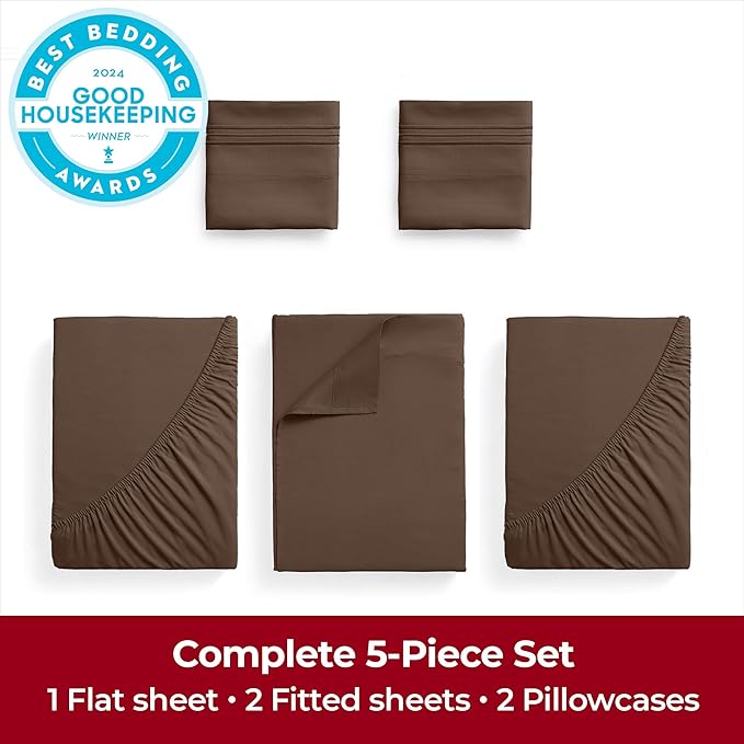 Mellanni Extra Deep Split King Sheets - 5 PC Iconic Collection Bedding - Hotel Luxury, Ultra Soft, Cooling Bed Sheets - Wrinkle, Fade, Stain Resistant (Split King, Brown)