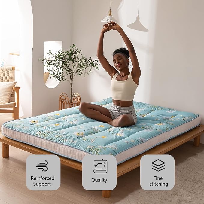 MAXYOYO Rustic Floral Korean Futon Mattress, Padded Japanese Floor Mattress Quilted Bed Mattress Topper, Extra Thick Folding Sleeping Pad Breathable Floor Lounger Guest Bed for Camping Couch, Twin