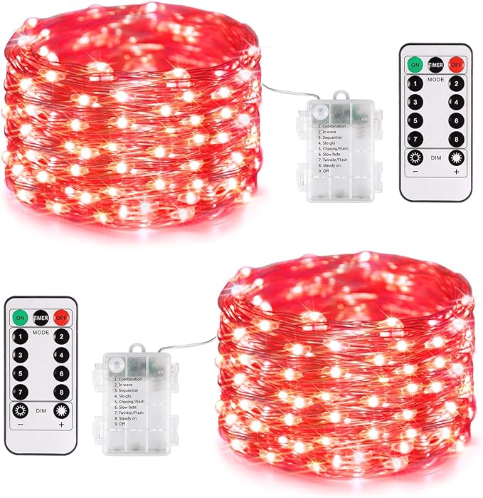 JMEXSUSS 2 Pack Red Fairy Lights Battery Operated, Total 200 LED 66ft Red String Lights Battery Powered with Remote, 8 Modes Christmas Lights for Tree Indoor Outdoor Wreath Bedroom Halloween Decor