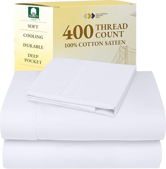 California Design Den Twin XL Sheets Set - Soft 400 Thread Count Sateen, Natural 100% Cotton Sheets, Deep Pockets with All Around Elastic for a Snug Fit, Cool & Durable Bedding Set - White