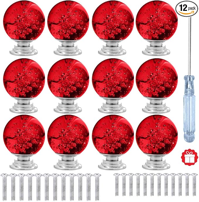 12 Pcs 30mm Round Shape Bubble Crystal Glass Cabinet Knobs with Screws Drawer Knob Pull Handle Used for Kitchen, Dresser, Door, Cupboard (Dark Red)