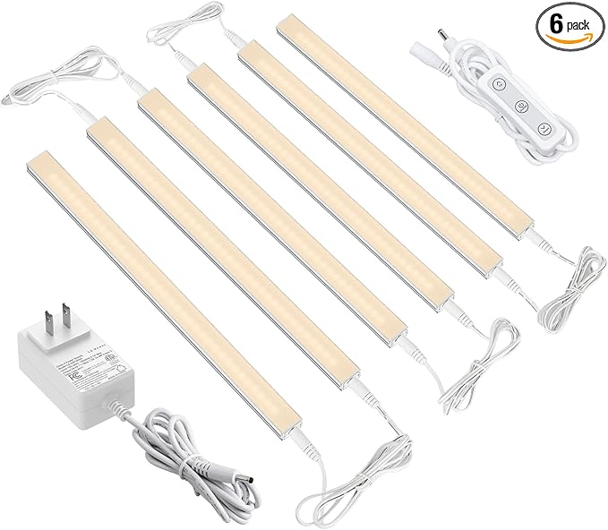 ASOKO Dimmable Under Cabinet Lighting - 6 Pcs 12 Inch Linkable Led Counter Light Bars, Warm White 2700K, DC24V 1320Lumens, 18W Shelf Lighting (ETL Plug)