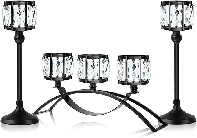 Black Set of 3 Crystal Candle Holders Arched - Elegant Tabletop Candelabra Centerpiece for Weddings, Dining Room Decor, Modern Home & Cabinet Display Housewarming
