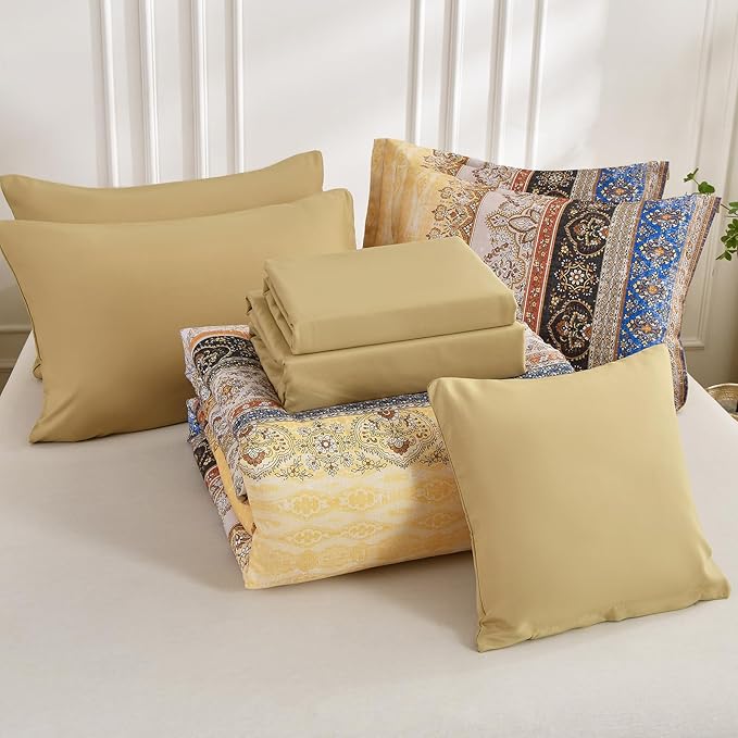 Boho King Size Comforter Set 8 Pieces, Yellow Bohemian Striped Bed in a Bag, Paisley Soft Microfiber Bedding Comforter Set