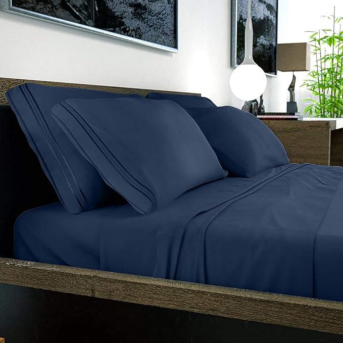DREAMCARE Queen Sheet Set – 6 pcs Cooling Bed Sheets – up to 15” Deep Sheets Queen Size Bed Set – 2500 Supreme Collection – Extra Soft 100% Brushed Microfiber Hotel Luxury with Side Pocket – N Blue