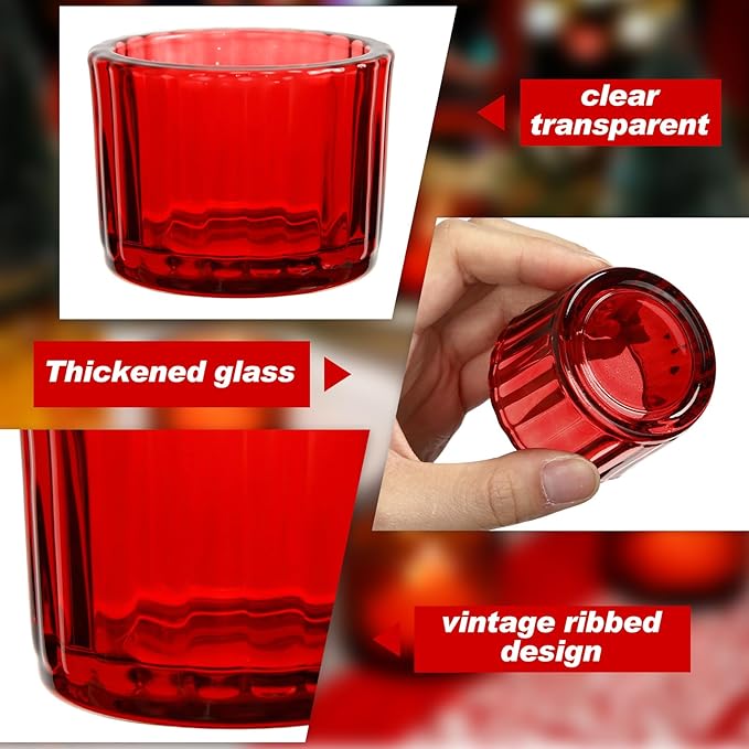 Mumufy 100 Pack Glass Tealight Candle Holder Ribbed Votive Candle Holder for Centerpiece Wedding Proposal Spa Aromatherapy Meditation Home Decor (Red)