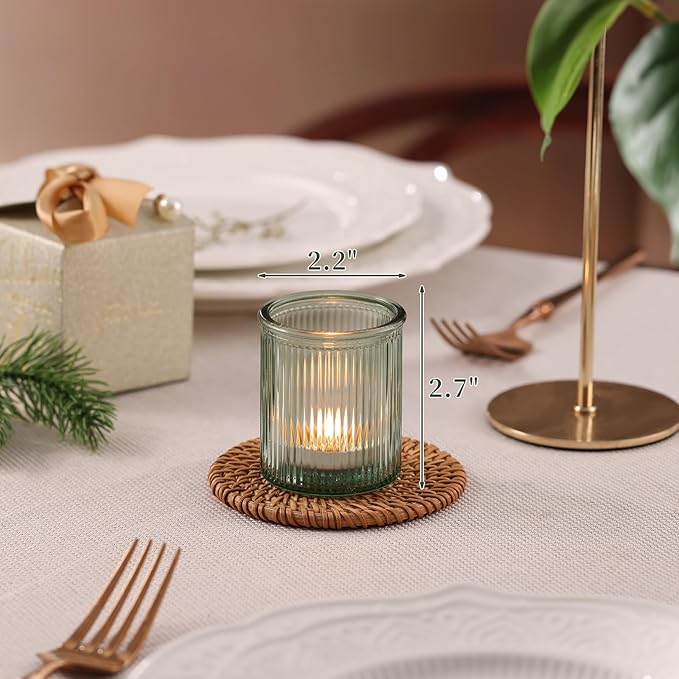 32Pcs Ribbed Green Votive Candle Holders, Tea Light Candle Holders Glass for Table Centerpiece, Green Candle Holders for Wedding, Bridal Shower and Tea Party Decorations