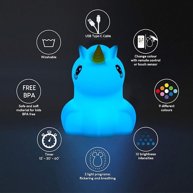 Large Unicorn Night Lights for Kids, 9 Colors silicone Bedside Table Lamps Baby Bedroom Lighting Nursery Children Tap lamp for Toddlers Boys Girls Adults Student Elder Bathroom Outdoor - Large