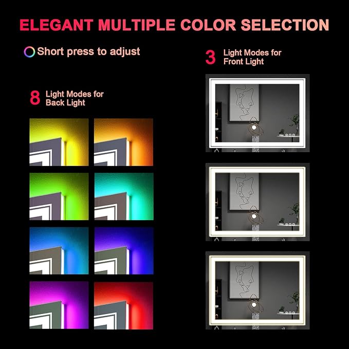 LED Mirror for Bathroom, 48"X36" with 8 RGB Backlit +3 Front Lit (Adjustable Individually), Anti-Fog, Large Lighted Bathroom Vanity Mirror for Wall,Shatterproof,Memory Function,Tempered Glass
