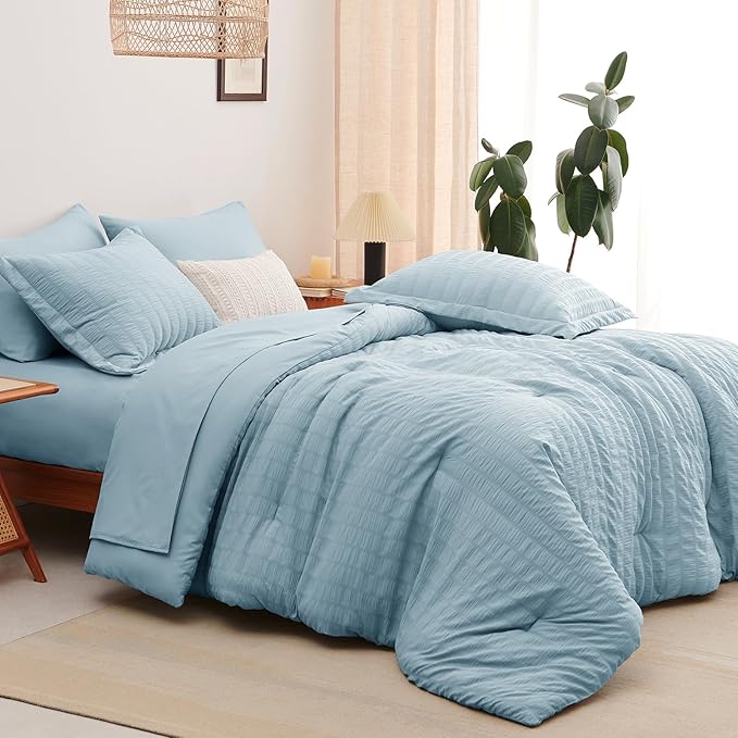 CozyLux Queen Comforter Set Light Blue Seersucker 7 Pieces Bed in a Bag Queen Comforter Set with Sheets Luxury Soft Bedding Set with Down Alternative Comforter, Sheets, Pillowcases & Shams All Seasons