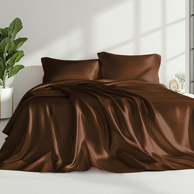 Love's cabin Twin Satin Sheets Sets - 3 Piece Brown Silky Bed Sheets Twin with Deep Pockets, Luxury Silk Feel Satin Sheet Set Bedding Set (1 Flat Sheet,1 Fitted Sheet,1 Pillow case)