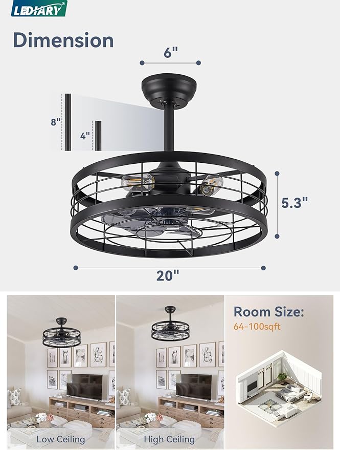 LEDIARY 20 inch Fandelier Caged Ceiling Fan with Light, Bladeless Ceiling Fan with Remote, Farmhouse Fan Lights Ceiling Fixtures for Kitchen, Bedroom, Outdoor(6 Speed, Timing)-Black