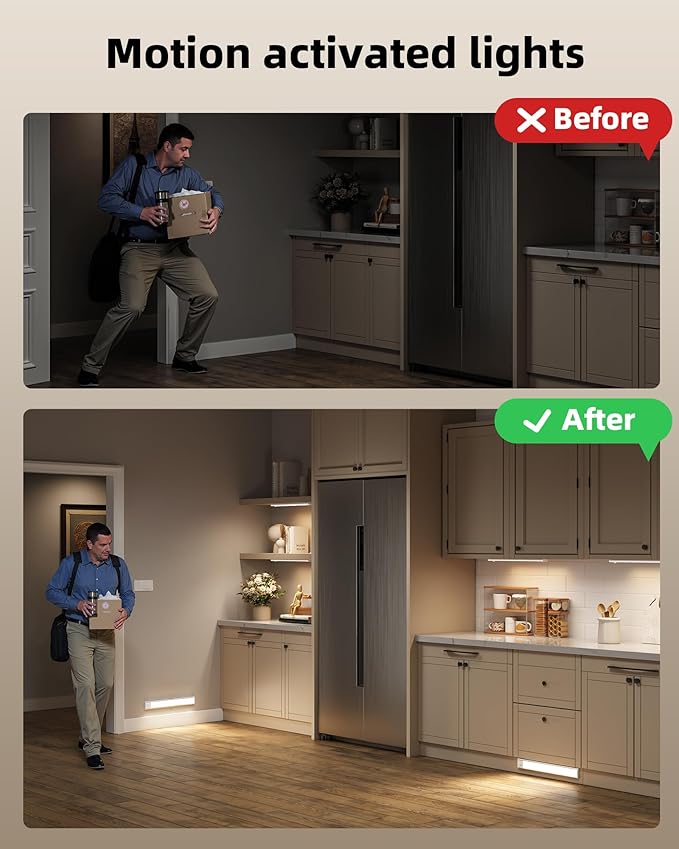 6-Pack Under Cabinet Lighting Wireless, LED Motion Sensor Light Indoor, Rechargeable Closet Lights Battery Operated, Dimmable & 3 Color Temps, Under Counter Lights for Kitchen, Stairs (8inch)