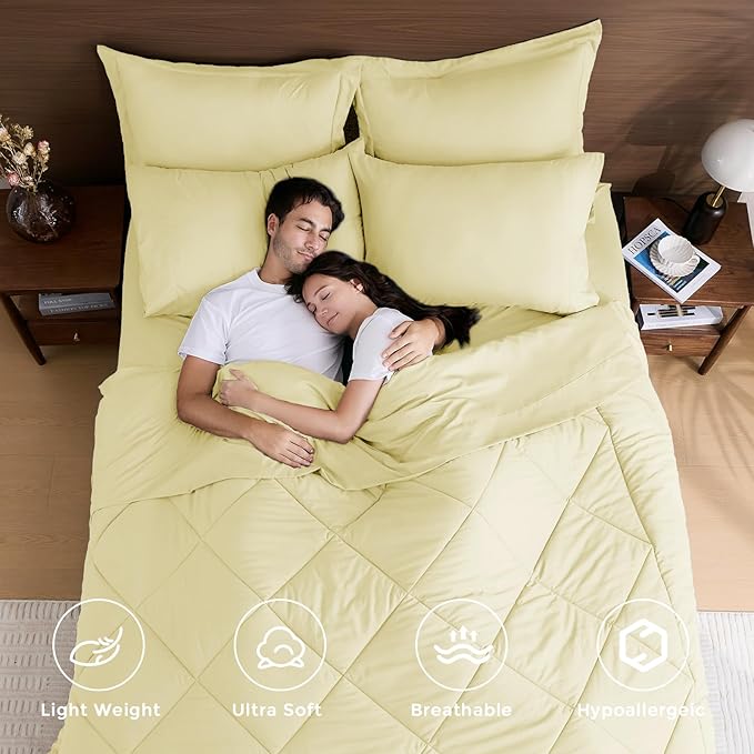 HEVUMYI Cream Yellow Queen Comforter Set - 7-Piece All Season Bed in a Bag Queen, Ultra Soft Bedding Set with Comforter, Flat Sheet, Fitted Sheet, Pillowcases, Pillow Shams