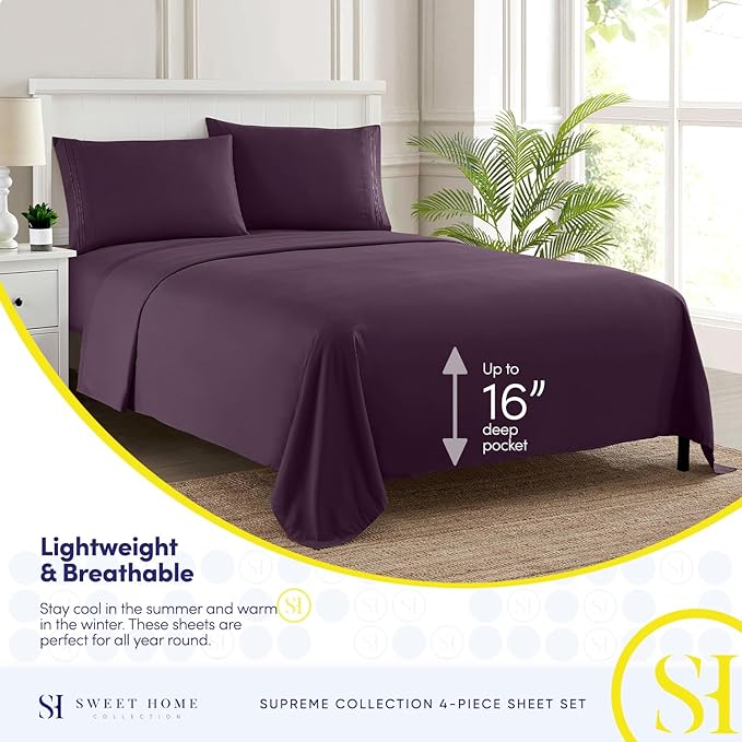 RV Queen Bed Sheets - Breathable Luxury Sheets with Full Elastic & Secure Corner Straps Built In - 1800 Supreme Collection Extra Soft Deep Pocket Bedding Set, Sheet Set, RV Short Queen, Purple
