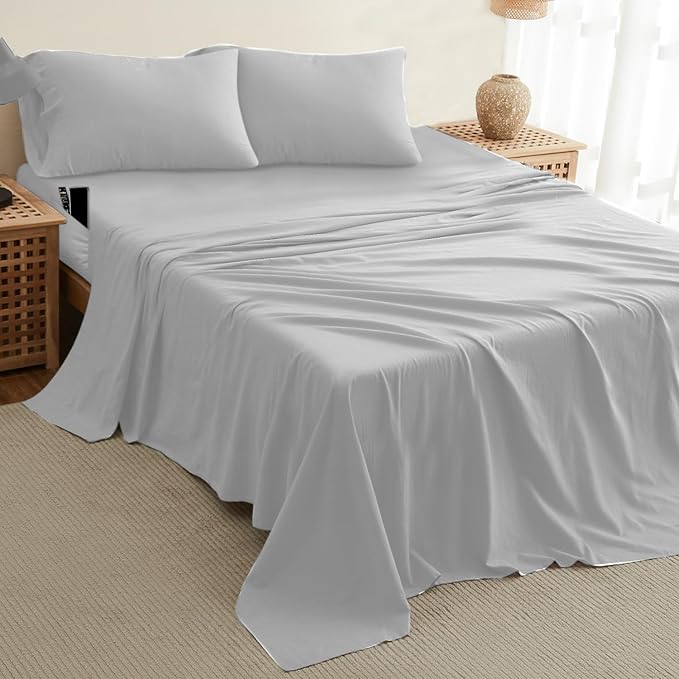 DREAMCARE Twin XL Sheet Sets - Cooling Bed Sheets - 4pcs Set - up to 15" Deep Pocket Twin XL Sheets - XL Twin Sheet Set – Soft & Long Lasting 100% Fine Brushed Polyester with Side Pocket - Light Gray