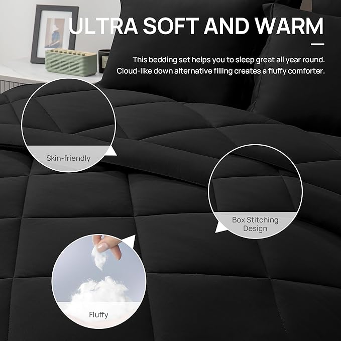 Love's cabin Queen Comforter Set Black, 7 Pieces Queen Bed in a Bag, All Season Bedding Sets with 1 Comforter, 1 Flat Sheet, 1 Fitted Sheet, 2 Pillowcase and 2 Pillow Sham