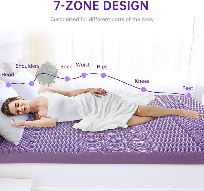 MUXHOMO 2 Inch 7-Zone King Mattress Topper, Egg Crate Foam Mattress Topper King Size for Back Pain, Lavender Cooling Gel Infused Bed Pad, CertiPUR-US and Oeko-TEX Certification (76"×80")