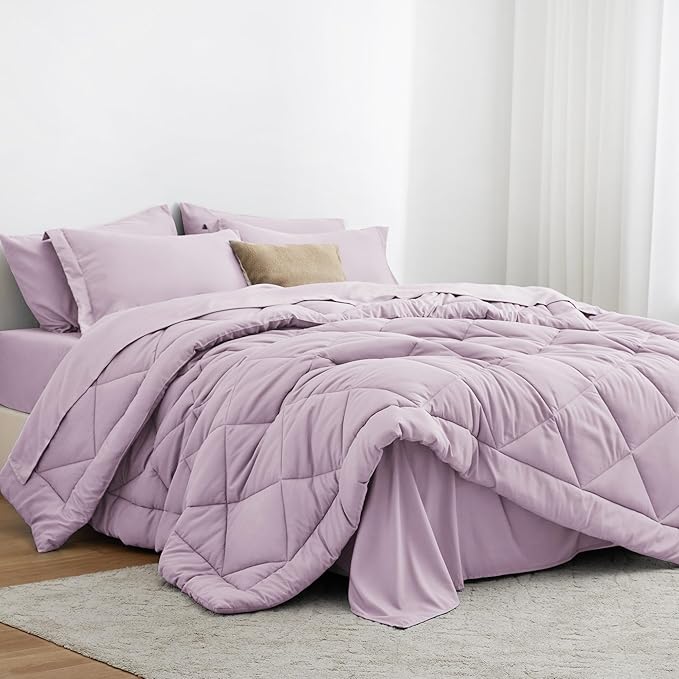 Love's cabin California King Comforter Set Light Purple, 7 Pieces California King Bed in a Bag, All Season Bedding Sets with 1 Comforter, 1 Flat Sheet, 1 Fitted Sheet, 2 Pillowcase and 2 Pillow Sham