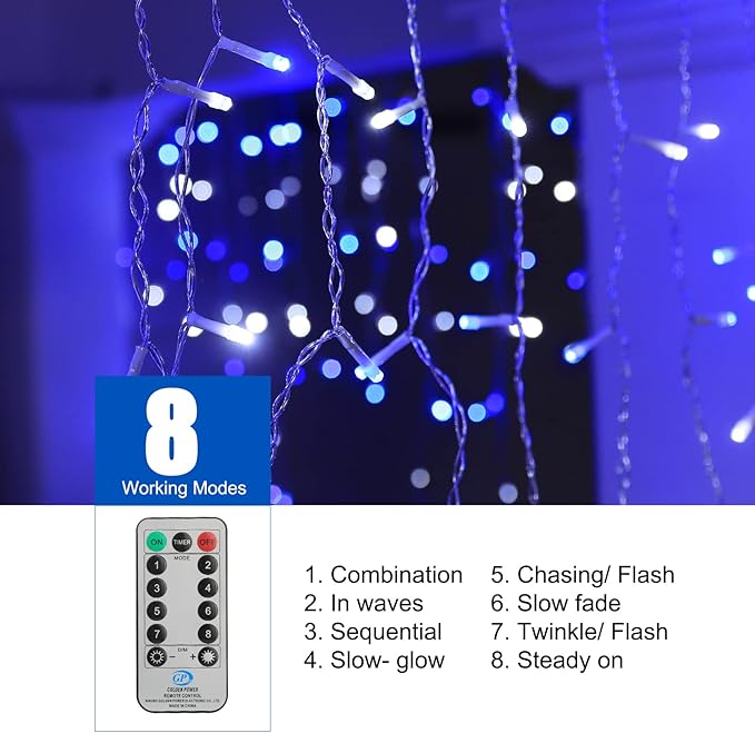 Icicle Outdoor Christmas Lights, 40Ft. 432 LED with 81 Drops, Dimmable Twinkle Fairy with Remote and Timer for House Holiday Decorations, Blue and White
