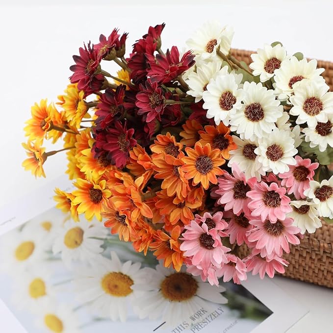 Artificial Mums for Outdoors, Faux Sunset Mum Flowers Planters for Indoor Outside Decor, Fake Look Real, Vibrant, UV Resistant, Waterproof, Windproof (Orange, 10 Bundle)