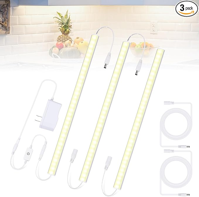 Under Cabinet Lights Plug in, 3 Pcs 12 Inch Thin Under Cabinet Lighting, Natural White Under Counter Lights for Kitchen, Dimmable LED Light Bar for Cabinet, Counter, Workbench, Desk