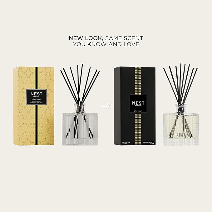 NEST New York Reed Diffuser, Grapefruit - 5.9 fl oz - Fragrance for Up to 90 Days - Reusable, Refillable Glass Holder - Includes 8 All-Natural Reed Sticks - Flame Free