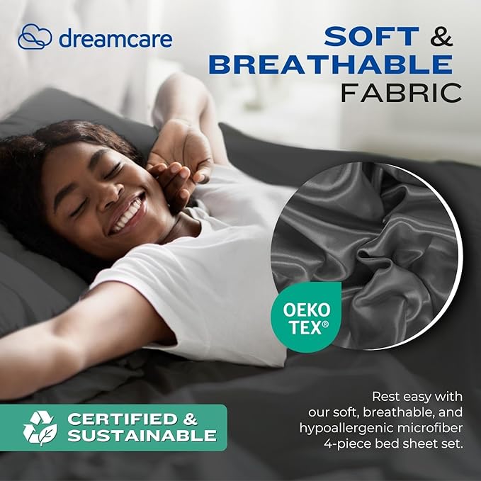 DREAMCARE Full Size Sheets - Cooling Bed Sheets - 4pcs Set - up to 15" Deep Pocket Full Sheet Set - Sheets Full Size Bed - Soft & Long Lasting 100% Fine Brushed Polyester with Side Pocket - Gray