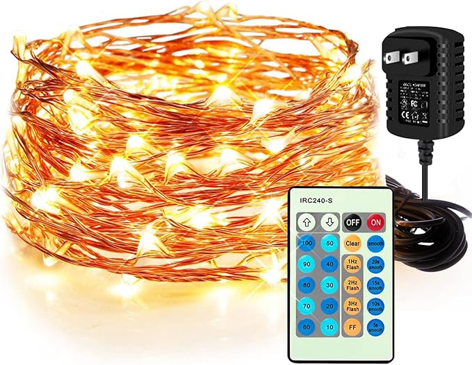 Moobibear Waterproof Fairy String Lights Plug in with 24 Keys Remote, 33ft 100LEDs Warm White Dimmable Starry Copper Wire Light for Indoor & Outdoor Wedding Birthday Valentines Day Decor