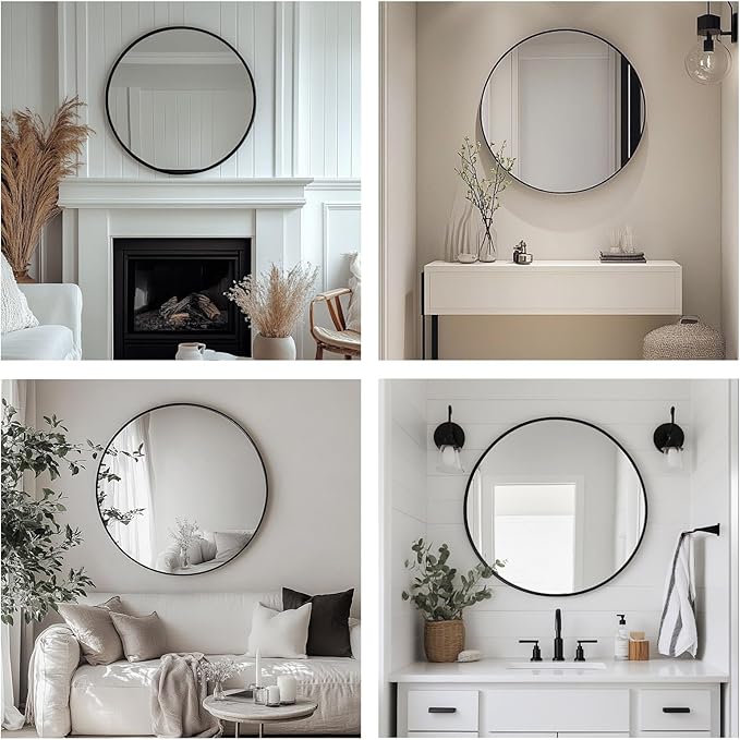 Round Mirror 28 inch, Black Round Mirror, Large Circle Mirrors Metal Frame, Black Circle Mirrors for Wall, Bathroom, Living Room, Dining Room, Entryway.