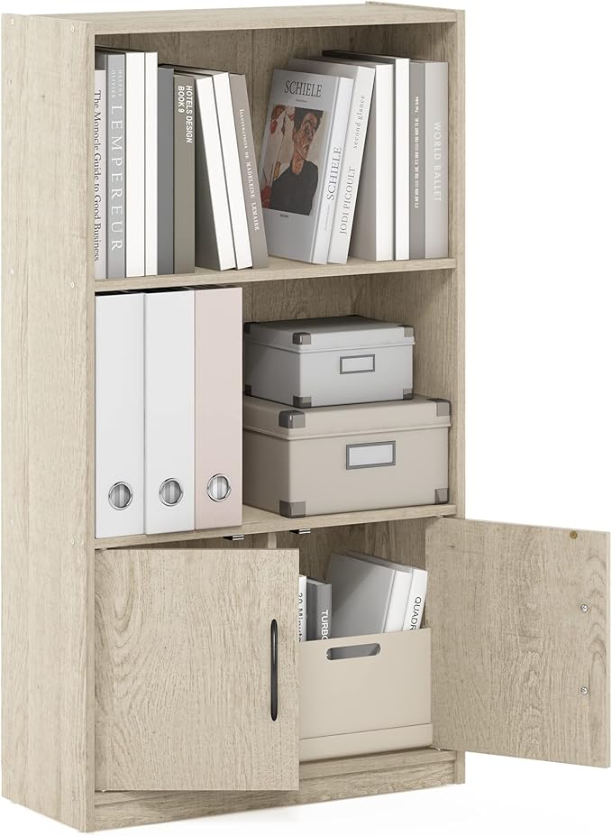Furinno Gruen 3-Tier Open Shelf Bookcase with 2 Doors Storage Cabinet, Metropolitan Pine