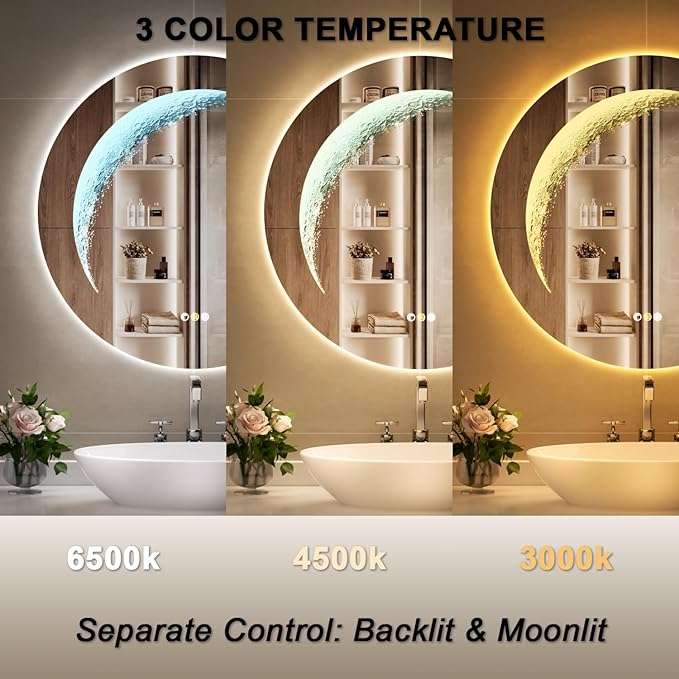 24'' Circle LED Mirror, Frameless Round Smart Mirror with Backlit & Half Moon Light, Anti-Fog, 3 Color Modes, Dimmable Wall-Mounted LED Vanity Mirrors for Bathroom, Bedroom, Entryway