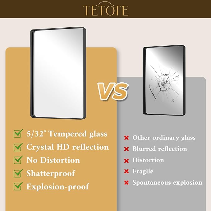 TETOTE 42 x 36 Black Bathroom Mirror Matte Black Metal Framed Vanity Mirror, Tempered Glass, Wall Mounted for Bathroom, Entryway, Bedroom, Living Room(Horizontal/Vertical)
