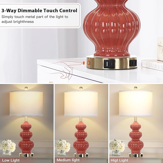 26" Triple Gourd Ceramic Table Lamps Set of 2,Modern Orange Bedside Lamps USB A+C Ports & AC Outlet -Ceramic Nightstand Lamps for Bedroom, 3 Way Touch Control Contemporary Living Room End Tables