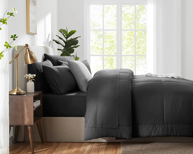 CozyLux King Size Comforter Set Dark Grey, 7 Pieces Bed in a Bag, Dark Grey Comforter King Size, All Season Bedding Sets with Stitch Quilted Comforter, Flat Sheet, Fitted Sheet, Pillowcases