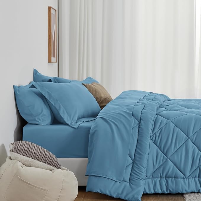 Love's cabin California King Comforter Set Misty Blue, 7 Pieces California King Bed in a Bag, All Season Bedding Sets with 1 Comforter, 1 Flat Sheet, 1 Fitted Sheet, 2 Pillowcase and 2 Pillow Sham