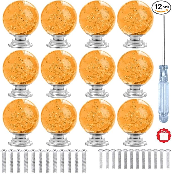 12 Pcs 30mm Round Bubble Crystal Glass Cabinet Knobs with Screws Drawer Knob Pull Handle Used for Kitchen, Dresser, Door, Cupboard (Amber)