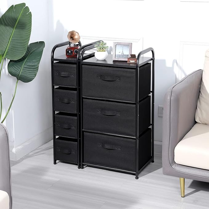 MAX Houser Dresser Storage with 3 Easy Pull Fabric Drawers, Fabric Dresser Tower,Vertical Storage Unit for Bedroom,Chest of Drawers with Metal Frame, Wooden Tabletop, for Living Room, Closet (Black)