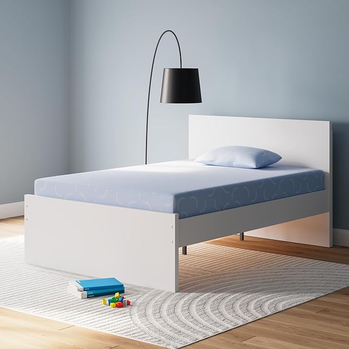 Signature Design by Ashley Full Size iKidz 7 Inch Firm Gel Memory Foam Mattress with Stretch Knit Cover & Pillow Included, Blue Ocean, Fiberglass Free, Mattress in A Box