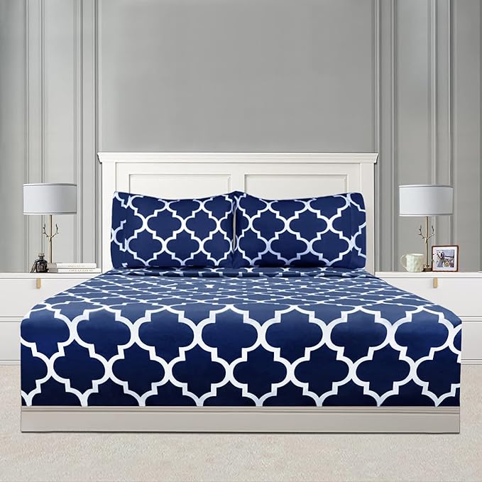 Mejoroom Full Bed Sheet Set - Super Soft Brushed Microfiber 1800 Thread Count Full Sheets with 16 inch Deep Pocket - Wrinkle Free - 4 Piece(Navy Quatrefoil with White Pattern)