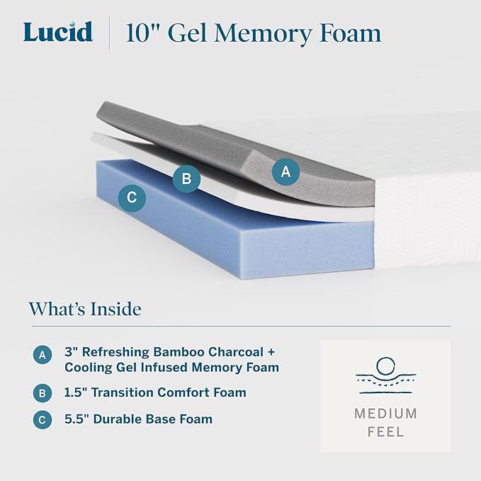 Lucid 10 Inch Memory Foam Mattress - Medium Feel - Infused with Refreshing Bamboo Charcoal and Cooling Gel - Bed in a Box - Temperature Regulating - Pressure Relief - Breathable - King Size