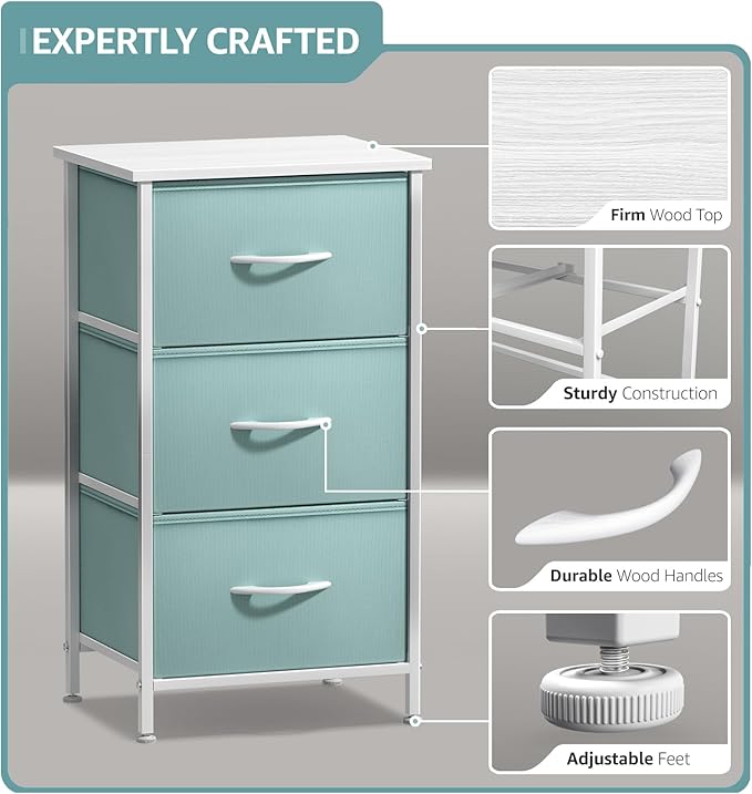 Sorbus Nightstand with 3 Drawers - Bedside Furniture & Accent End Table Chest for Home, Bedroom Accessories, Office, College Dorm, Steel Frame, Wood Top, Pastel Fabric Bins (Aqua)