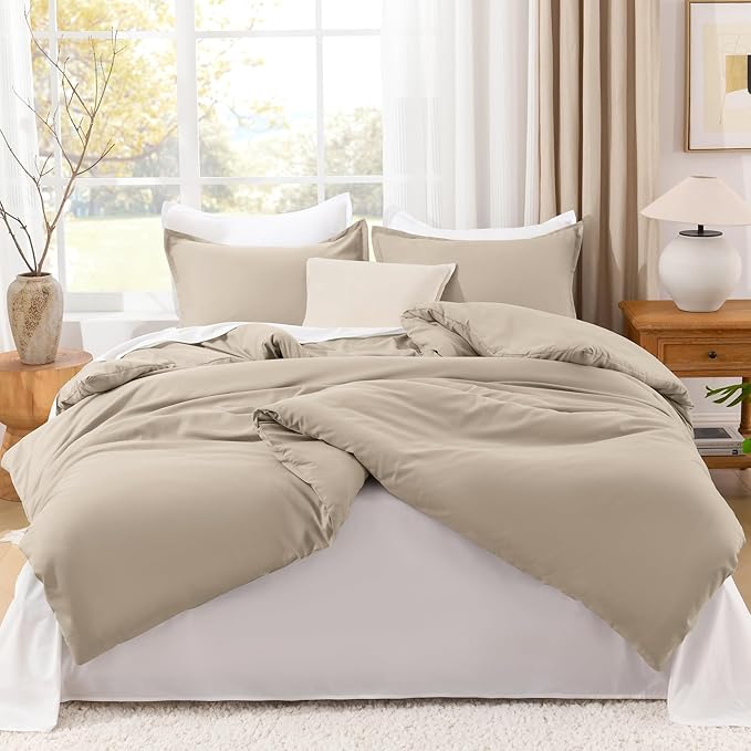 Litanika Khaki Comforter Set Queen Size, 3 Pieces Solid Bedding Comforter Set, All Season Down Alternative Bed Set (90x90In Comforter & 2 Pillowcases)